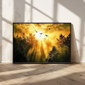 13776802-MGV-CV-36X24-Golden Forest Wall Art Canvas Print, Framed Sunset Pines Art Picture Print, Flying Birds Perfect Nature Glow Decor Artwork