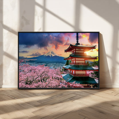 32331262-MGV-CV-36X24-Mount Fuji Japan Wall Art – Cherry Blossom Landscape Canvas Print, Chureito Pagoda Sunset Photography, Japanese Nature Travel