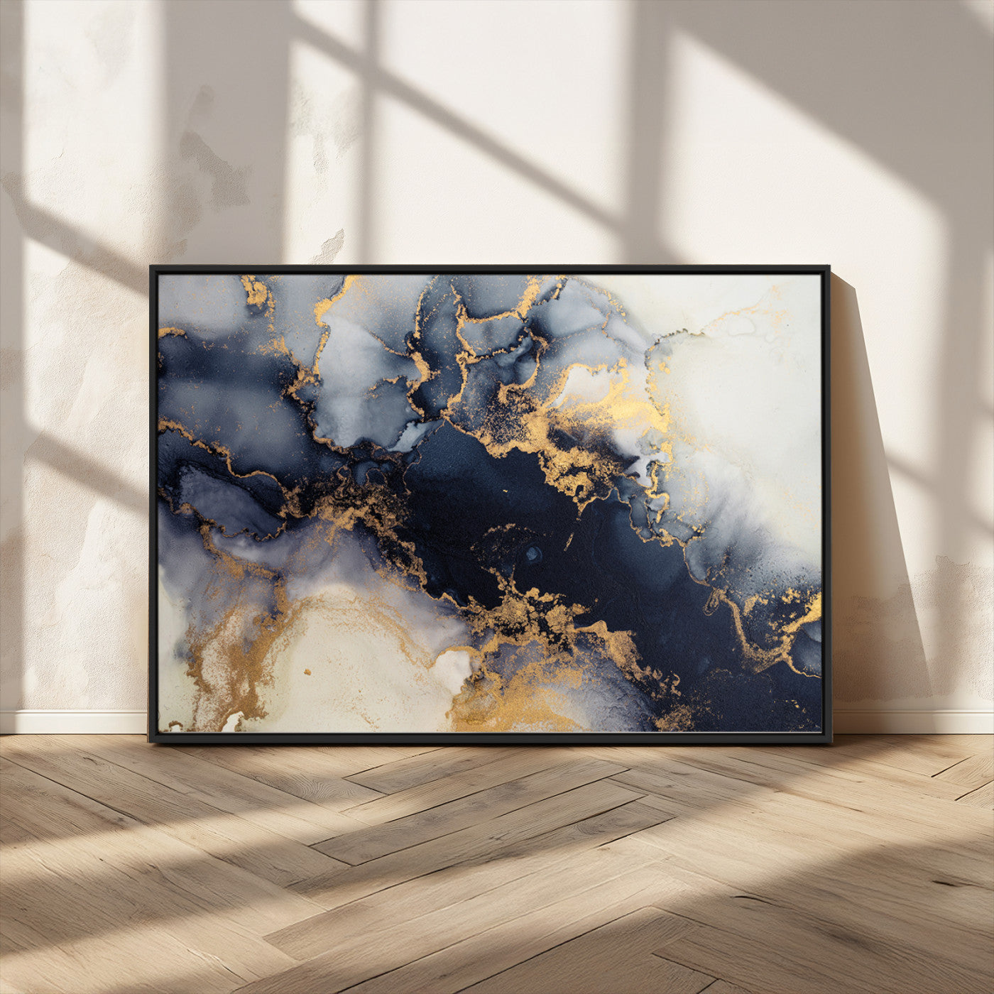 41136487-MGV-FC-36X24_Black-Black Marble Wall Art Canvas Print, Framed Gold Veins Art Picture Print, Abstract Texture Perfect Moody Luxe Decor Artwork