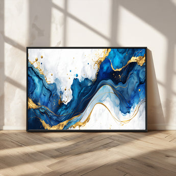 33506371-MGV-CV-36X24-Blue Marble Wall Art Canvas Print, Framed Gold Splash Art Picture Print, Abstract Wave Perfect Modern Luxe Decor Artwork