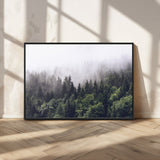 62890402-MGV-CV-36X24-Misty Forest Wall Art Canvas Print, Framed Foggy Pines Art Picture Print, Pine Valley Perfect Moody Woodland Decor Artwork