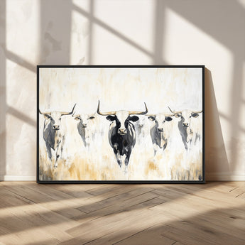 40397799-MGV-FC-36X24_Black-Texas Longhorn Wall Art Canvas Print, Framed Rustic Herd Art Picture Print, Western Bull Perfect Neutral Western Decor Artwork