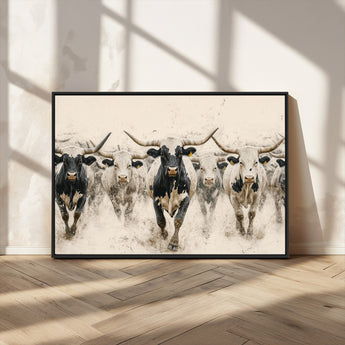 61538944-MGV-CV-36X24-Texas Longhorn Wall Art Canvas Print, Framed Cattles Walking Art Picture Print, Black White Bulls Perfect Rustic Western Decor