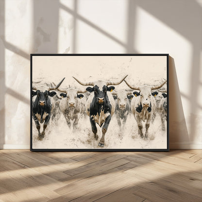 61538944-MGV-CV-36X24-Texas Longhorn Wall Art Canvas Print, Framed Cattles Walking Art Picture Print, Black White Bulls Perfect Rustic Western Decor