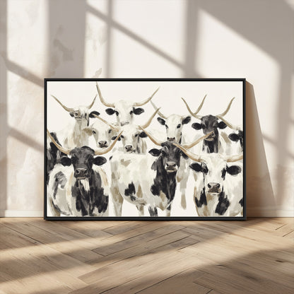 52947970-MGV-CV-36X24-Texas Longhorn Wall Art Canvas Print, Framed Cattle Herd Art Picture Print, Herd Portrait Perfect Modern Farmhouse Decor Artwork