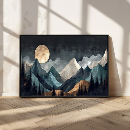 11060882-MGV-CV-36X24-Moonlit Mountains Wall Art Canvas Print, Framed Forest Silhouette Art Picture Print, Night Landscape Perfect Modern Forest Decor
