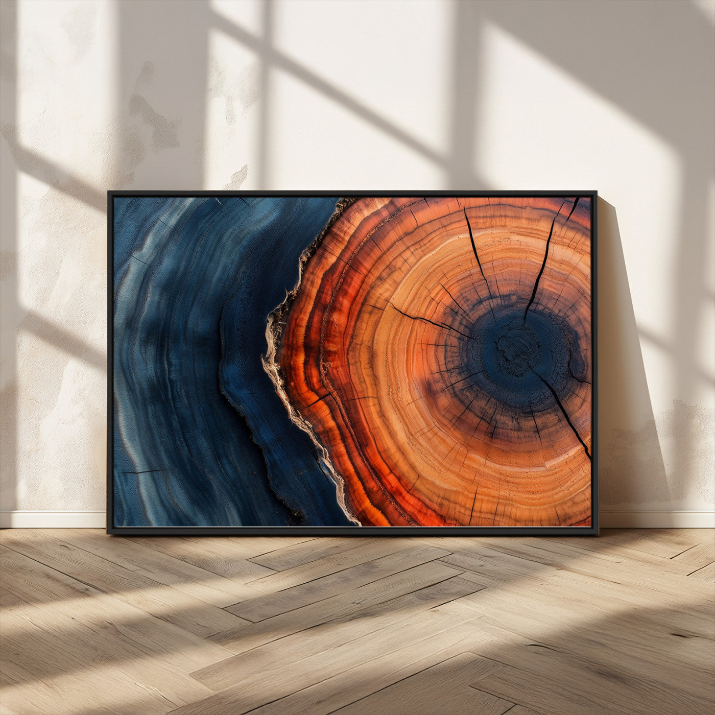 57732250-MGV-CV-36X24-Tree Ring Abstract Wall Art – Blue Orange Wood Grain Canvas Print, Modern Rustic Nature Artwork for Living Room, Office,