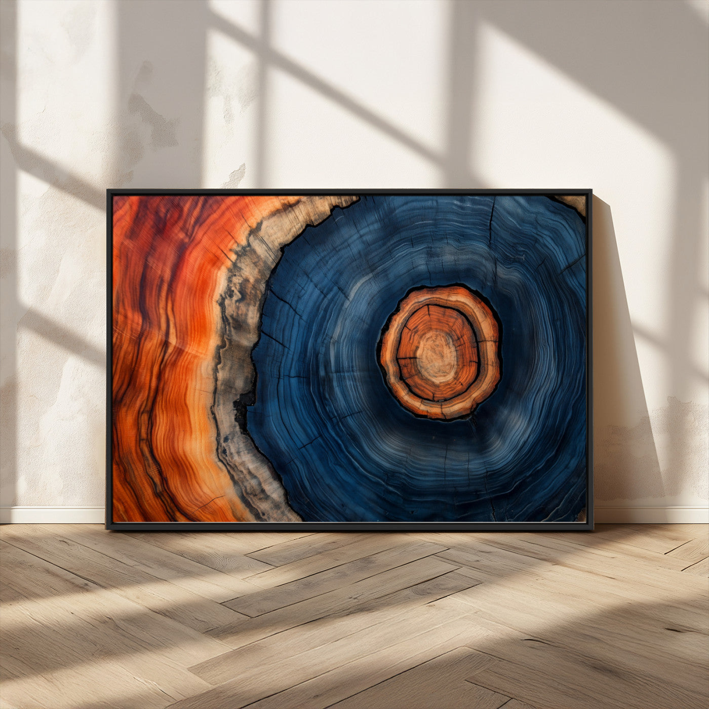 72209152-MGV-CV-36X24-Abstract Tree Ring Wall Art – Vibrant Blue Orange Wood Grain Canvas Print, Rustic Modern Nature Artwork for Living Room, Office,