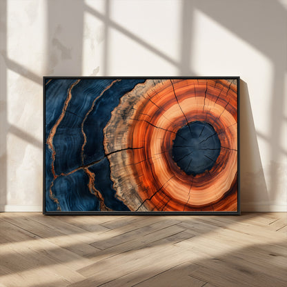 41123192-MGV-CV-36X24-Tree Ring Canvas Wall Art – Abstract Blue Orange Wood Grain Print, Rustic Modern Nature Artwork for Living Room, Bedroom, Office