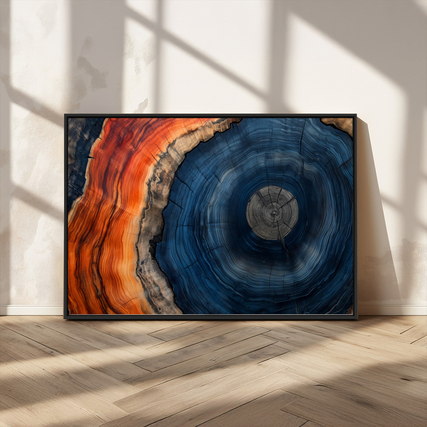 99491700-MGV-CV-36X24-Tree Ring Canvas Wall Art – Blue Orange Abstract Wood Grain Print, Rustic Modern Nature Artwork for Living Room, Office, Bedroom