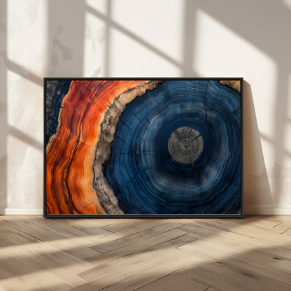 99491700-MGV-CV-36X24-Tree Ring Canvas Wall Art – Blue Orange Abstract Wood Grain Print, Rustic Modern Nature Artwork for Living Room, Office, Bedroom