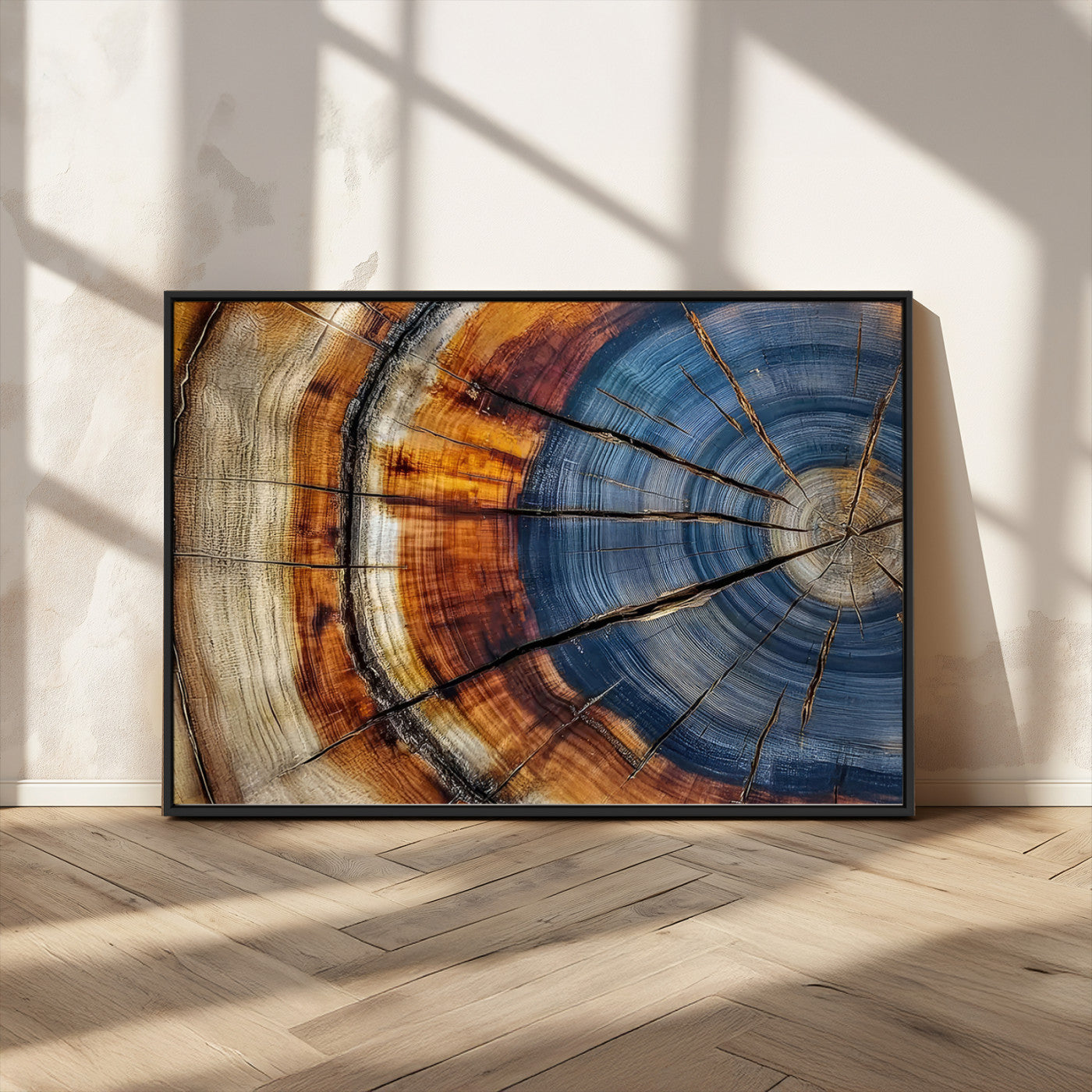 18032999-MGV-CV-36X24-Tree Ring Wall Art – Blue Brown Abstract Wood Slice Canvas Print, Rustic Modern Nature Decor for Living Room, Office, Bedroom or