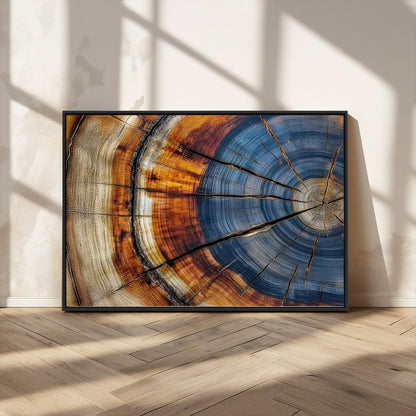 18032999-MGV-CV-36X24-Tree Ring Wall Art – Blue Brown Abstract Wood Slice Canvas Print, Rustic Modern Nature Decor for Living Room, Office, Bedroom or