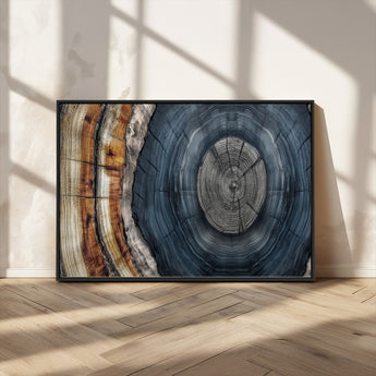 91368647-MGV-FC-36X24_Black-Smoky Blue Tree Ring Wall Art – Rustic Wood Cross Section Canvas Print, Modern Nature Inspired Decor for Living Room, Office, or