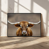 12179171-MGV-CV-36X24-Texas Longhorn Wall Art Canvas Print, Framed Brown Bull Art Picture Print, Lone Cattle Perfect Rustic Western Decor Artwork