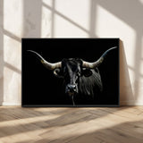 37531960-MGV-CV-36X24-Black Longhorn Bull Wall Art – Dramatic Western Cattle Canvas Print, Rustic Farmhouse Animal Artwork for Living Room, Bedroom,