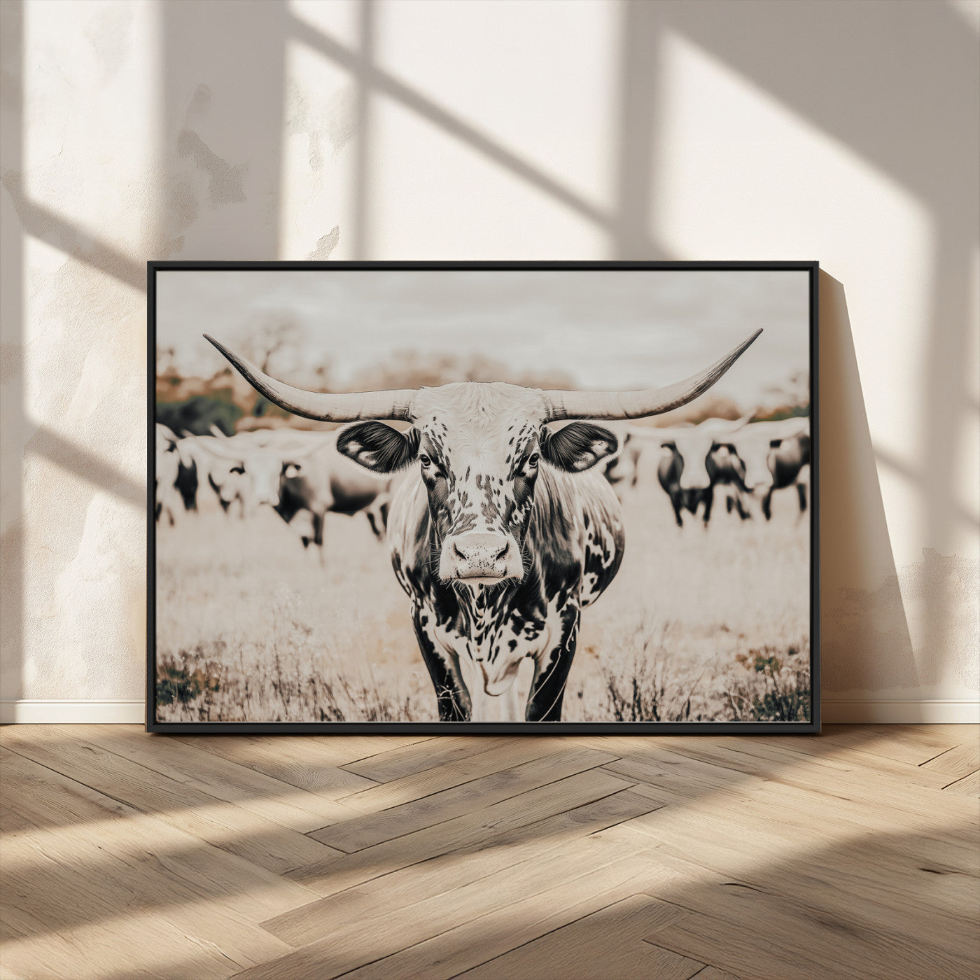 27497342-MGV-FC-36X24_Black-Texas Longhorn Wall Art Canvas Print, Framed Speckled Cow Art Picture Print, Horned Cattle Perfect Rustic Western Decor Artwork