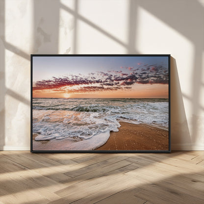 39846389-MGV-CV-36X24-Ocean Sunset Wall Art Canvas Print, Framed Sandy Shore Art Picture Print, Gentle Waves Perfect Minimalist Coastal Decor Artwork