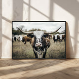 79025945-MGV-CV-36X24-Texas Longhorn Wall Art Canvas Print, Framed Speckled Cow Art Picture Print, Horned Cattle Perfect Rustic Western Decor Artwork