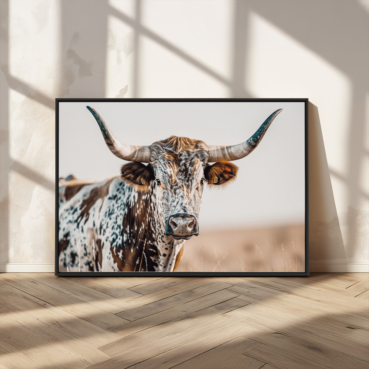 70414966-MGV-CV-36X24-Texas Longhorn Wall Art Canvas Print, Framed Speckled Cow Art Picture Print, Horned Bull Perfect Rustic Western Decor Artwork