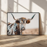 70414966-MGV-CV-36X24-Texas Longhorn Wall Art Canvas Print, Framed Speckled Cow Art Picture Print, Horned Bull Perfect Rustic Western Decor Artwork
