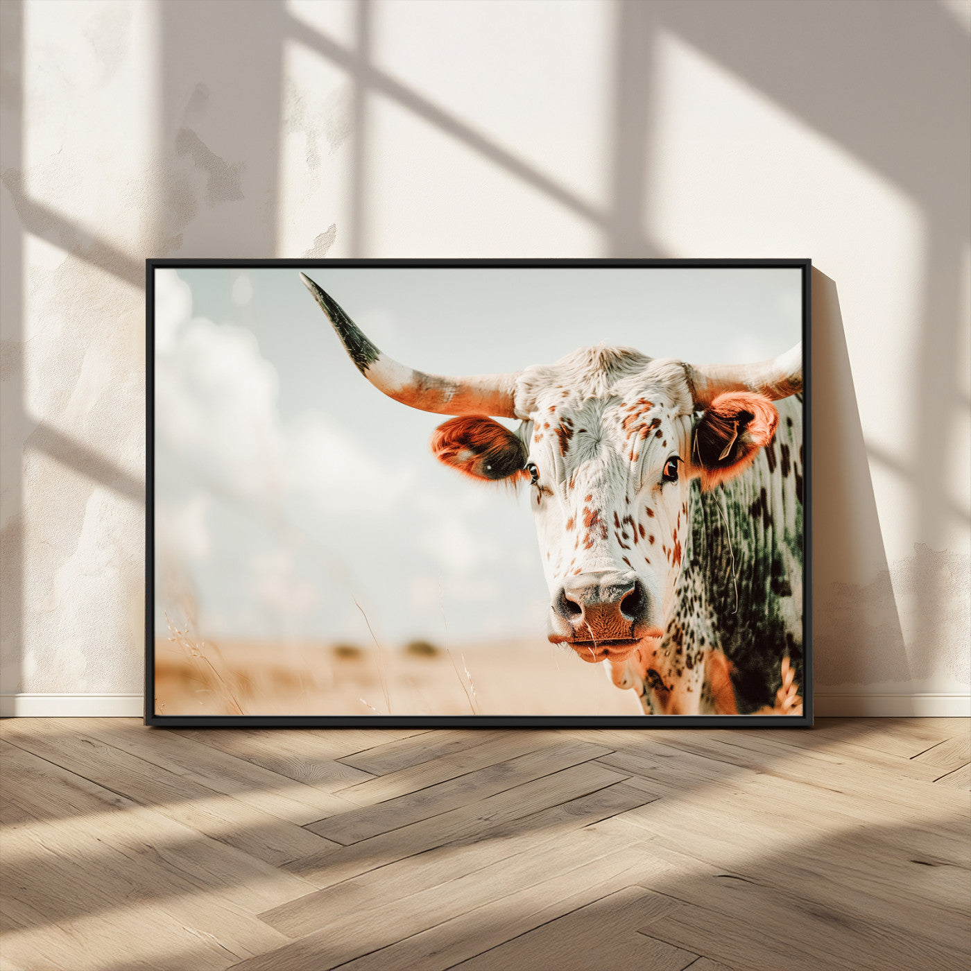 72766375-MGV-FC-36X24_Black-Texas Longhorn Wall Art Canvas Print, Framed Spotted Cow Art Picture Print, Horned Cattle Perfect Rustic Western Decor Artwork