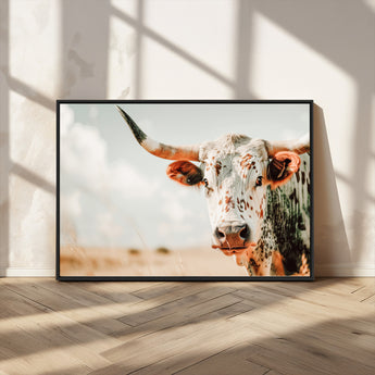 72766375-MGV-FC-36X24_Black-Texas Longhorn Wall Art Canvas Print, Framed Spotted Cow Art Picture Print, Horned Cattle Perfect Rustic Western Decor Artwork