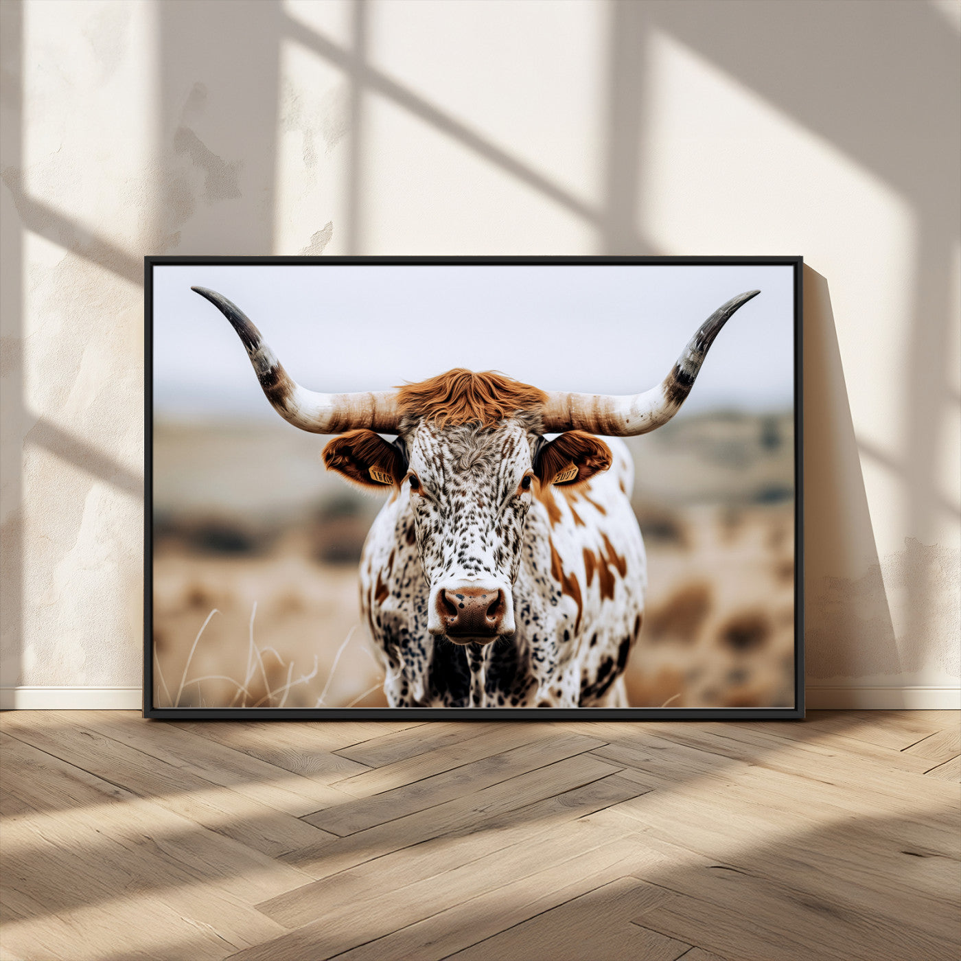 76294381-MGV-CV-36X24-Texas Longhorn Wall Art Canvas Print, Framed Spotted Cow Art Picture Print, Horned Cattle Perfect Rustic Western Decor Artwork