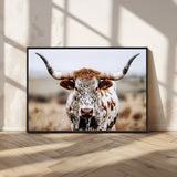 76294381-MGV-CV-36X24-Texas Longhorn Wall Art Canvas Print, Framed Spotted Cow Art Picture Print, Horned Cattle Perfect Rustic Western Decor Artwork
