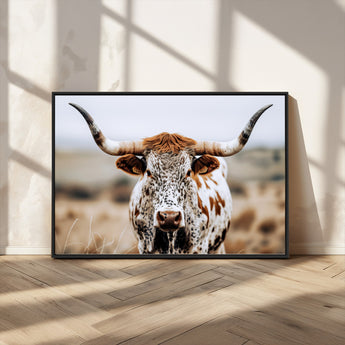 76294381-MGV-CV-36X24-Texas Longhorn Wall Art Canvas Print, Framed Spotted Cow Art Picture Print, Horned Cattle Perfect Rustic Western Decor Artwork