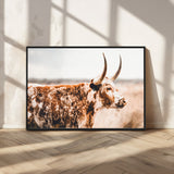 11528295-MGV-CV-36X24-Speckled Longhorn Wall Art Canvas Print, Framed Texas Cattle Art Picture Print, Horned Cow Perfect Rustic Western Decor Artwork