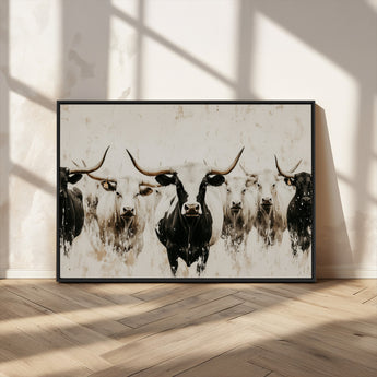 12027562-MGV-CV-36X24-Longhorn Cattle Wall Art Canvas Print, Framed Bison Herd Art Picture Print, Cattle Group Perfect Rustic Farmhouse Decor Artwork