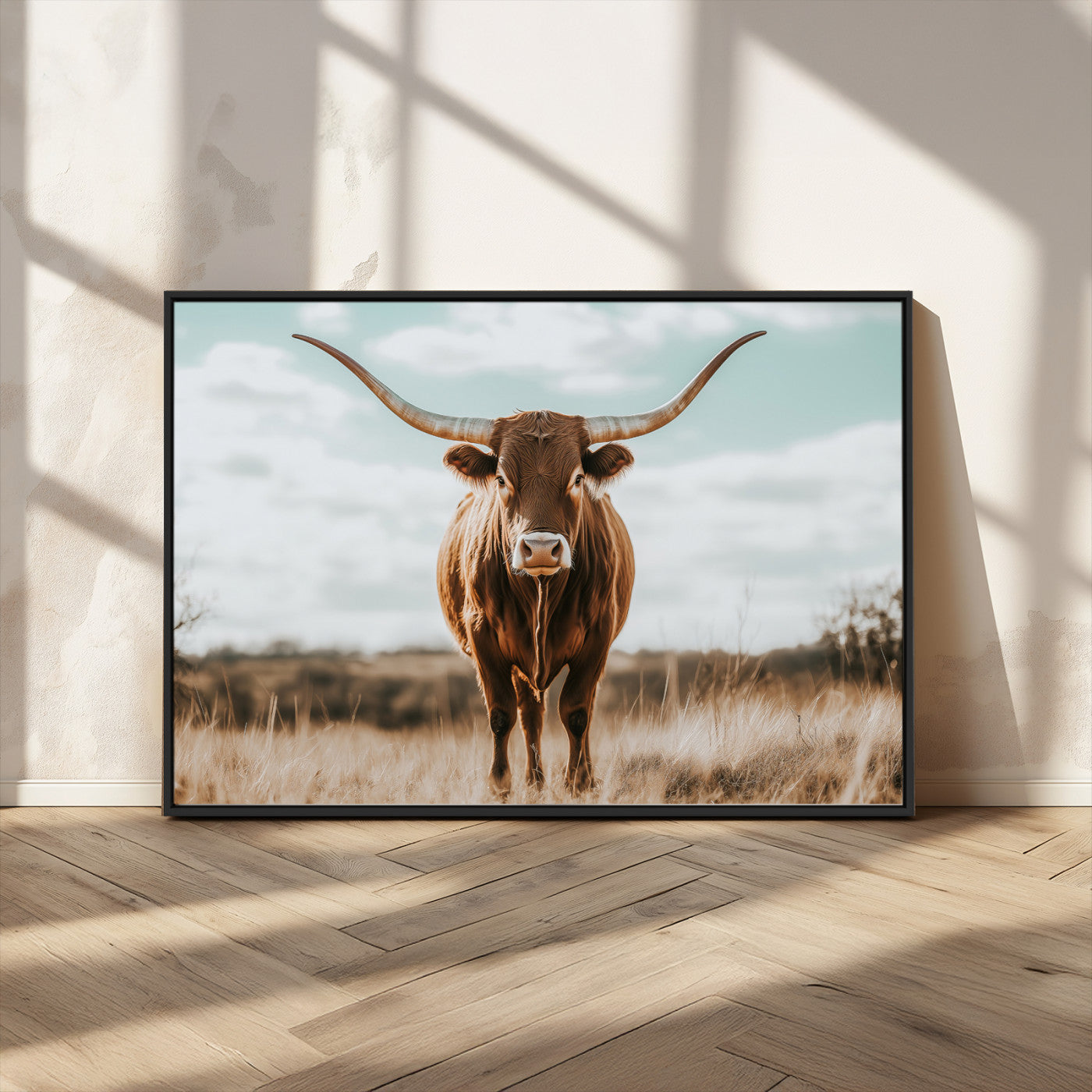 39350715-MGV-CV-36X24-Texas Longhorn Wall Art Canvas Print, Framed Longhorn Cow Art Picture Print, Western Cattle Perfect Rustic Western Decor Artwork