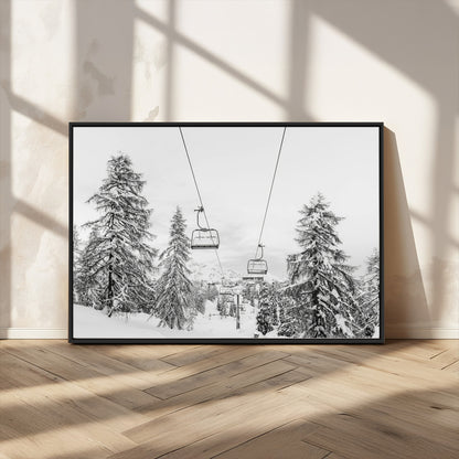 55003599-MGV-FC-36X24_Black-Snowy Ski Lift Wall Art Canvas Print, Framed Winter Forest Art Picture Print, Ski lift Ride Perfect Winter Lodge Decor Artwork