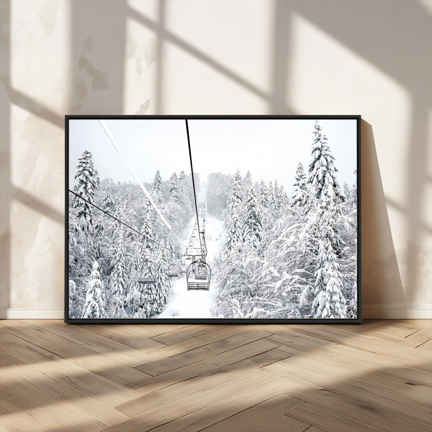 60296839-MGV-CV-36X24-Snowy Mountains Wall Art Canvas Print, Framed Ski Lift Art Picture Print, Winter Forest Perfect Winter Minimalist Decor Artwork