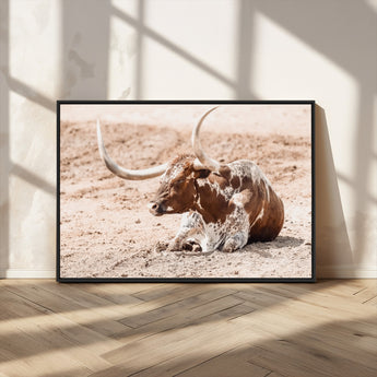 91248682-MGV-CV-36X24-Texas Longhorn Wall Art Canvas Print, Framed Resting Bull Art Picture Print, Spotted Cattle Perfect Rustic Western Decor Artwork