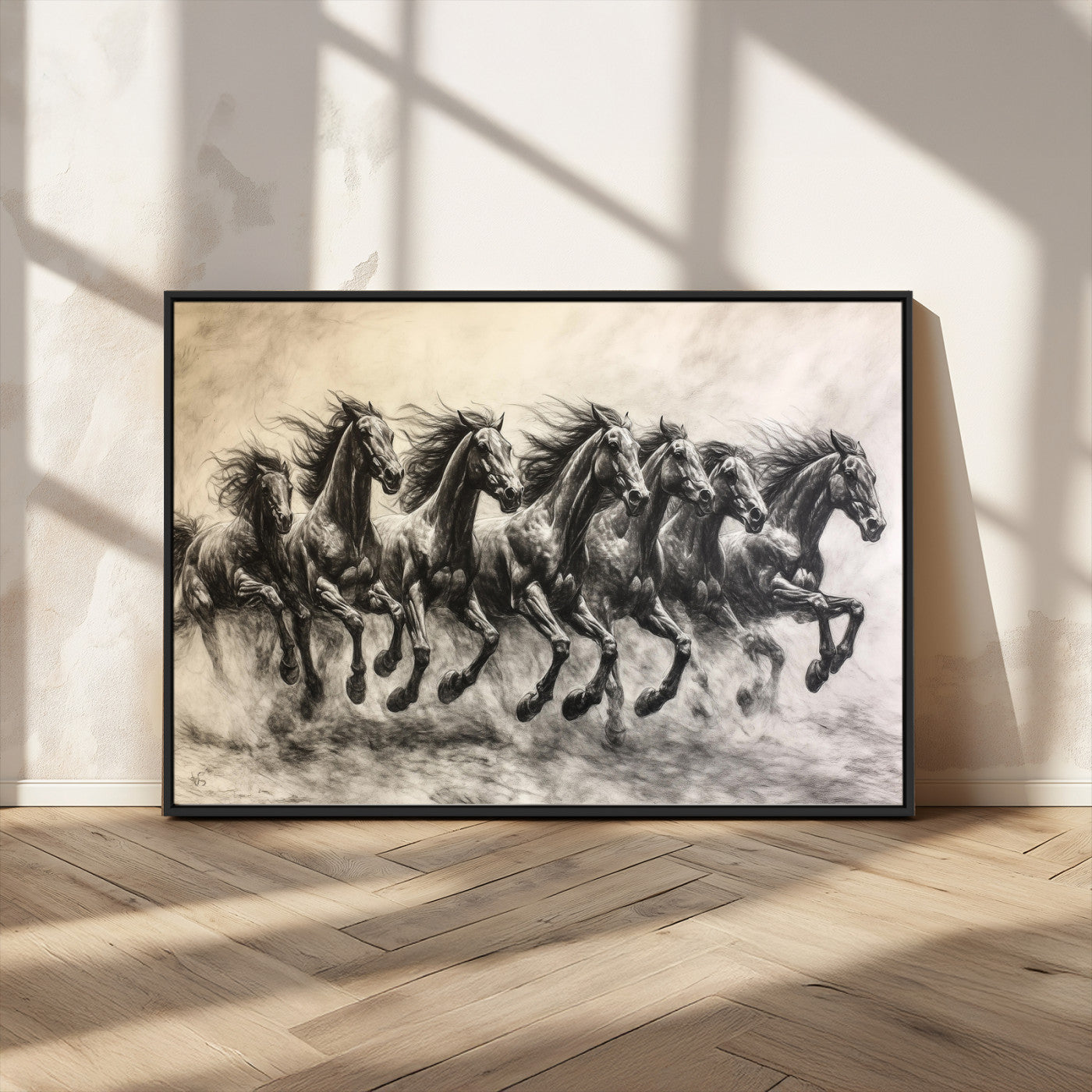 56089591-MGV-CV-36X24-Galloping Horses Wall Art Canvas Print, Framed Wild Stallions Art Picture Print, Horse Herd Sketch Perfect Monochrome Dynamic