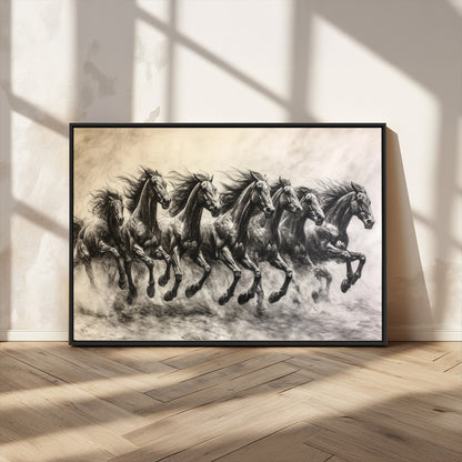 56089591-MGV-CV-36X24-Galloping Horses Wall Art Canvas Print, Framed Wild Stallions Art Picture Print, Horse Herd Sketch Perfect Monochrome Dynamic