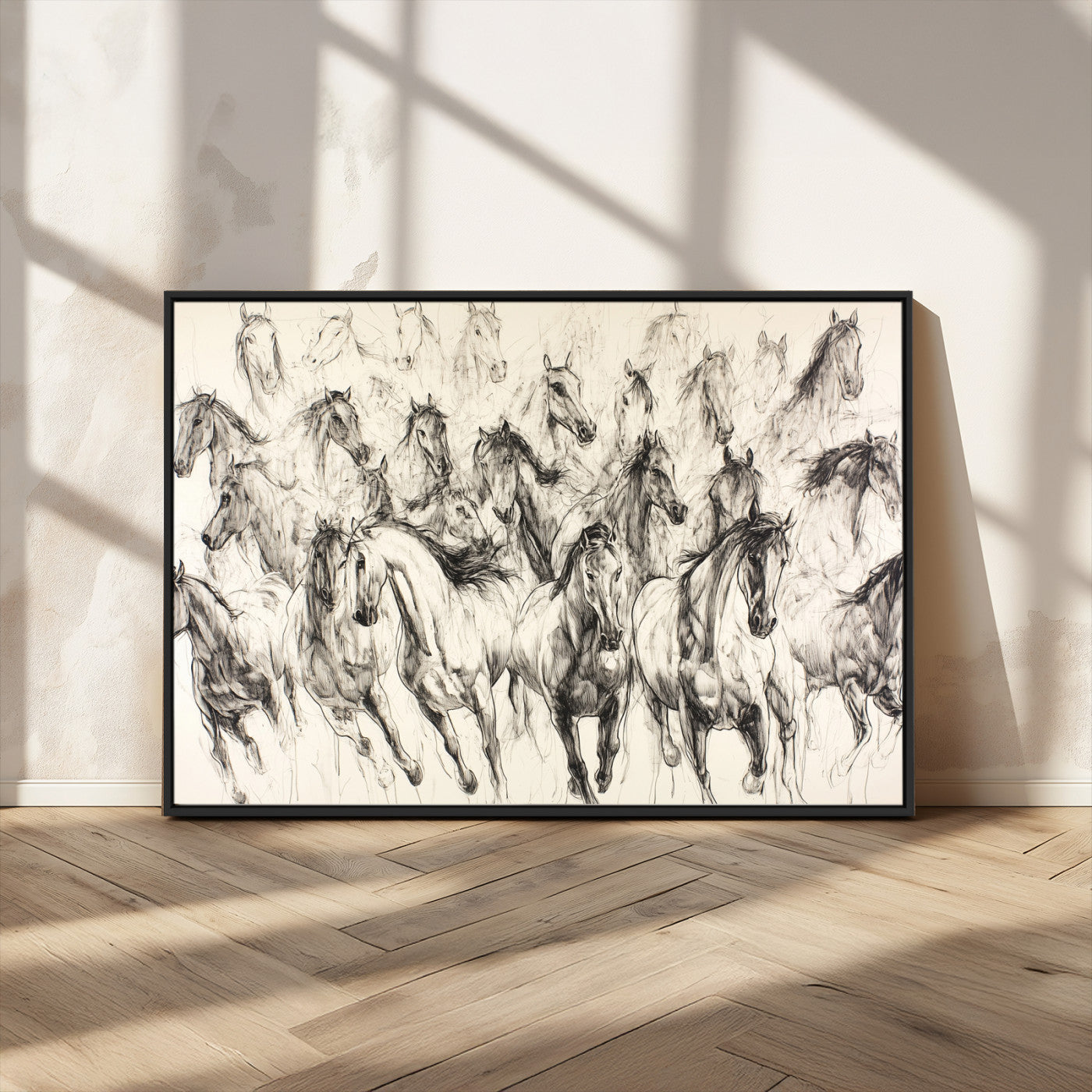 19433417-MGV-CV-36X24-Running Horses Wall Art Canvas Print, Framed Horse Sketch Art Picture Print, Galloping Herd Perfect Monochrome Western Decor