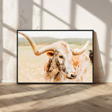 21060648-MGV-CV-36X24-Texas Longhorn Wall Art Canvas Print, Framed Speckled Cow Art Picture Print, Rustic Bull Perfect Rustic Western Decor Artwork