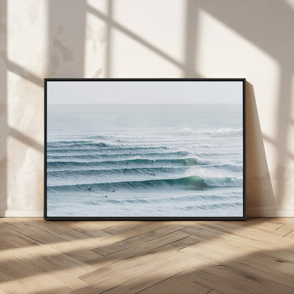 73969318-MGV-CV-36X24-Ocean Waves Wall Art Canvas Print, Framed Surfer Lineup Art Picture Print, Crowded Ocean Perfect Minimal Coastal Decor Artwork