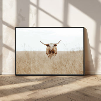 20927060-MGV-CV-36X24-Texas Longhorn Wall Art Canvas Print, Framed Lone Cattle Art Picture Print, Longhorn Bull Perfect Rustic Western Decor Artwork