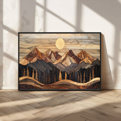 50100230-MGV-CV-36X24-Wooden Mountain Wall Art – Rustic Nature Landscape Canvas Print, Handmade Style Sun, Forest, and Peaks Artwork for Living Room,