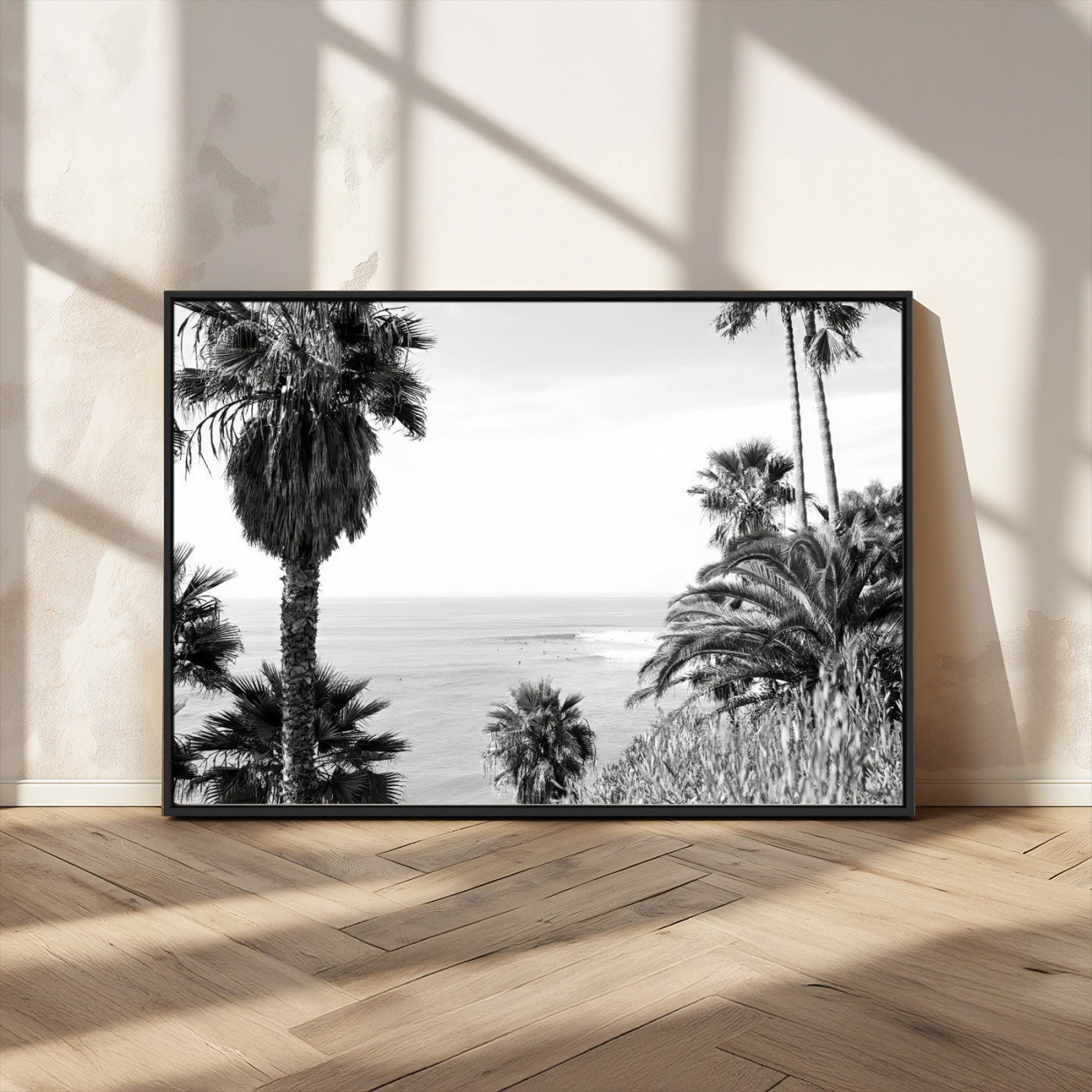 89458520-MGV-FC-36X24_Black-Palm Trees Wall Art Canvas Print, Framed Coastal View Art Picture Print, Ocean Horizon Perfect Monochrome Coast Decor Artwork
