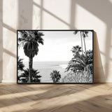 89458520-MGV-FC-36X24_Black-Palm Trees Wall Art Canvas Print, Framed Coastal View Art Picture Print, Ocean Horizon Perfect Monochrome Coast Decor Artwork
