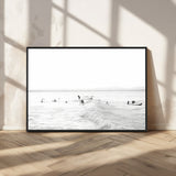 33449548-MGV-FC-36X24_Black-Group Surfers Wall Art Canvas Print, Framed Ocean Wave Art Picture Print, Surf Crowd Perfect Monochrome Surf Decor Artwork