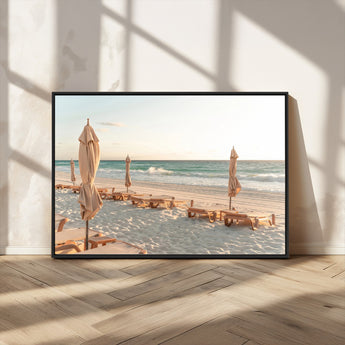 58507949-MGV-CV-36X24-Beach Umbrellas Wall Art Canvas Print, Framed Empty Loungers Art Picture Print, Soft Sand Perfect Minimalist Seaside Decor Artwork