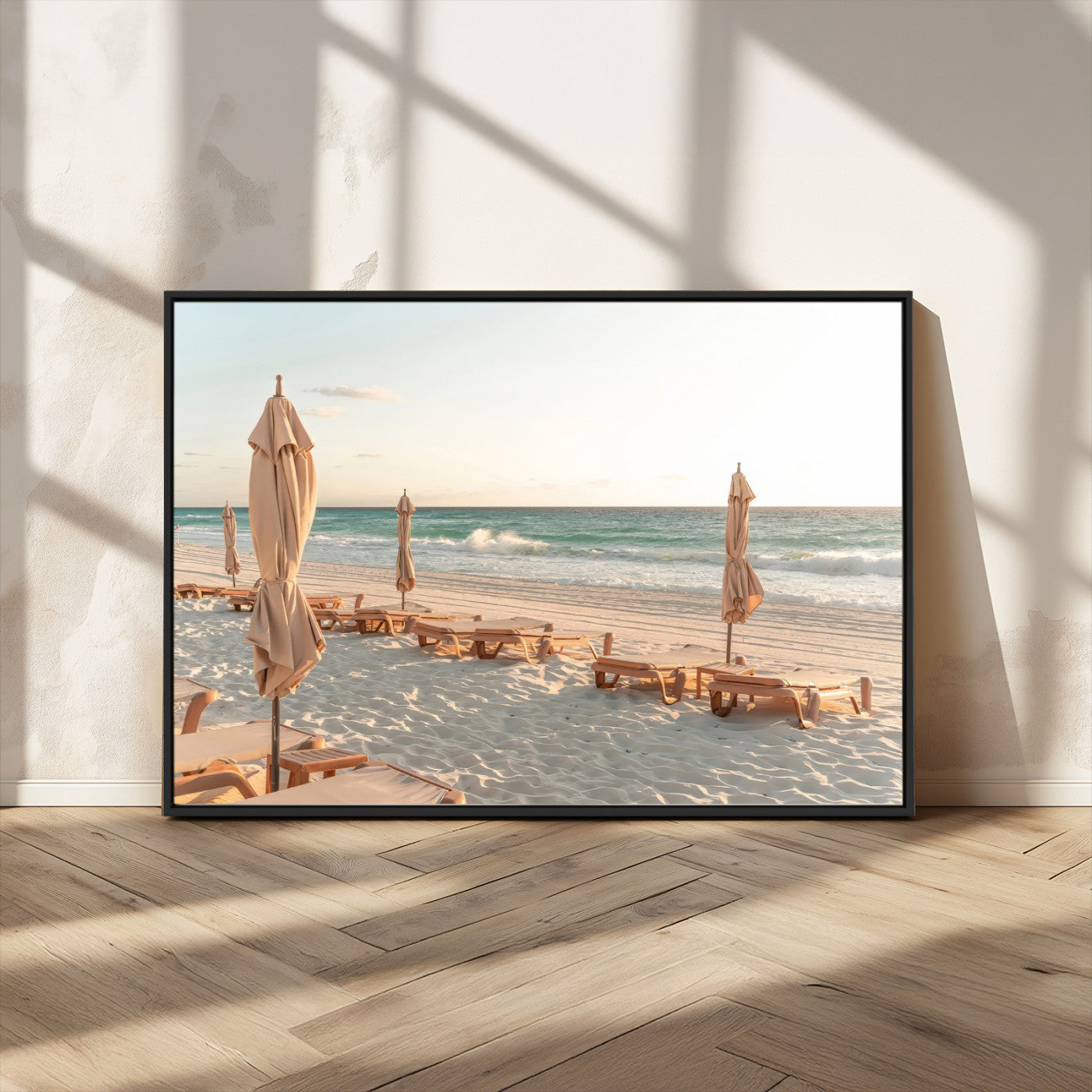 58507949-MGV-CV-36X24-Beach Umbrellas Wall Art Canvas Print, Framed Empty Loungers Art Picture Print, Soft Sand Perfect Minimalist Seaside Decor Artwork