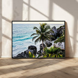 94669907-MGV-FC-36X24_Black-Tropical Coastline Wall Art Canvas Print, Framed Palm Tree Art Picture Print, Rocky Beach Perfect Tropical Coastal Decor Artwork