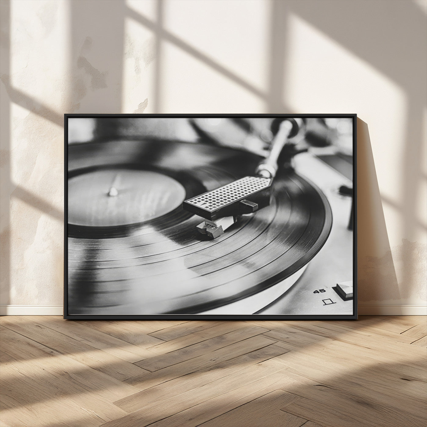 41253898-MGV-CV-36X24-Vinyl Record Wall Art Canvas Print, Framed Turntable Close Art Picture Print, Retro Vibes Perfect Vintage Industrial Decor Artwork